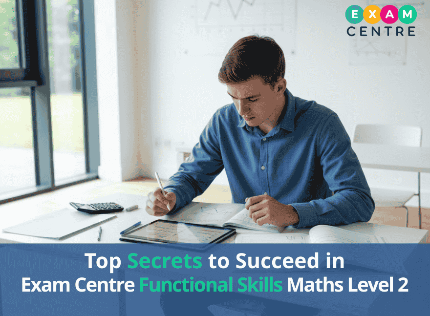 Exam Centre Functional Skills: Understanding the Maths Level 2 Exam 5 Student preparing for Exam Centre Functional Skills Maths Level 2 exam with books and calculator