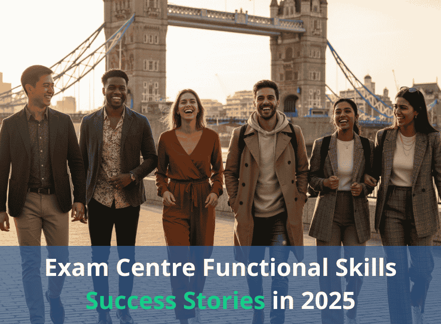 Diverse group of young learners in London walking confidently near Tower Bridge, smiling and celebrating success after completing Exam Centre Functional Skills exams.
