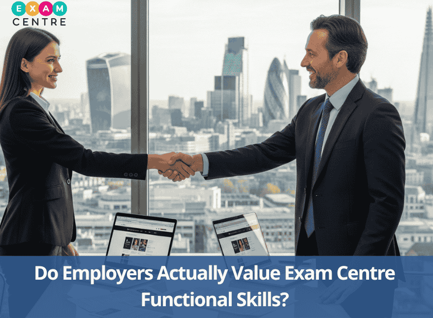 Do Employers Actually Value Exam Centre Functional Skills? Here’s the Truth 5 A confident young professional shaking hands with an employer after passing Exam Centre Functional Skills English and Maths exams, representing trust, success, and new job opportunities in London.