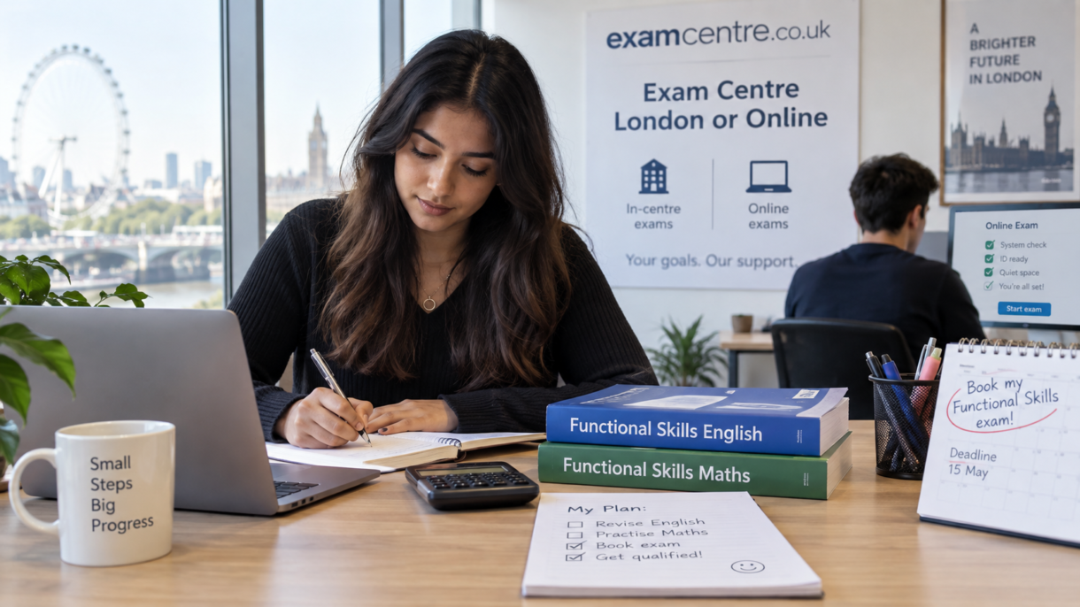Learner preparing for functional skills exams in English and Maths at Exam Centre in London